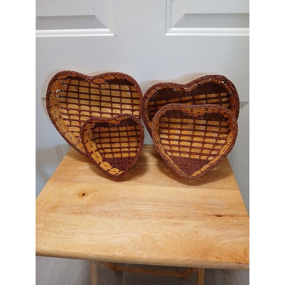 Nesting Heart Shape Wicker Rattan Baskets Brown 4 Stacking Two Tone See Photos - Picture 3 of 7